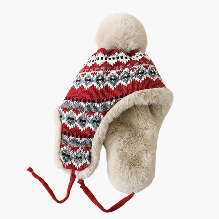 Unisex Strickmütze mit Ohrenklappen und Kunstfell Bommel
