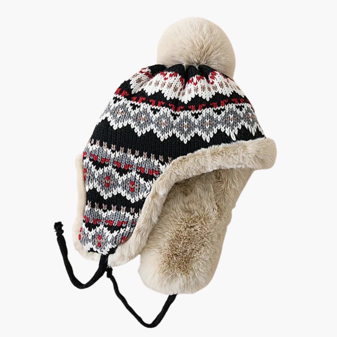 Unisex Strickmütze mit Ohrenklappen und Kunstfell Bommel