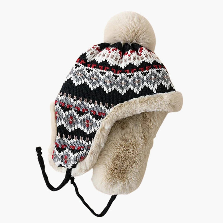 Unisex Strickmütze mit Ohrenklappen und Kunstfell Bommel