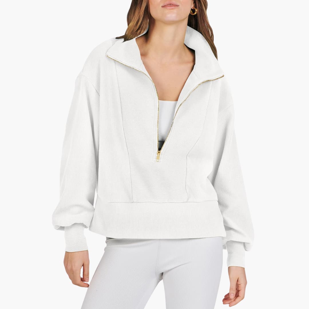 Frauen Zip-Front Pullover mit hohem Kragen und gerippter Oberfläche