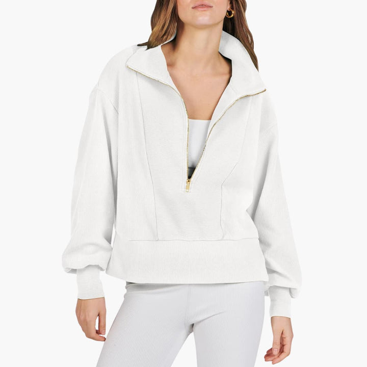 Frauen Zip-Front Pullover mit hohem Kragen und gerippter Oberfläche