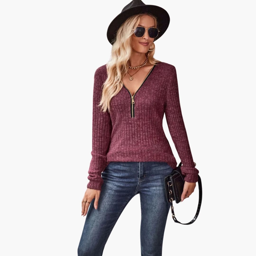 Damen pullover mit Reißverschluss und Rippstrickmuster