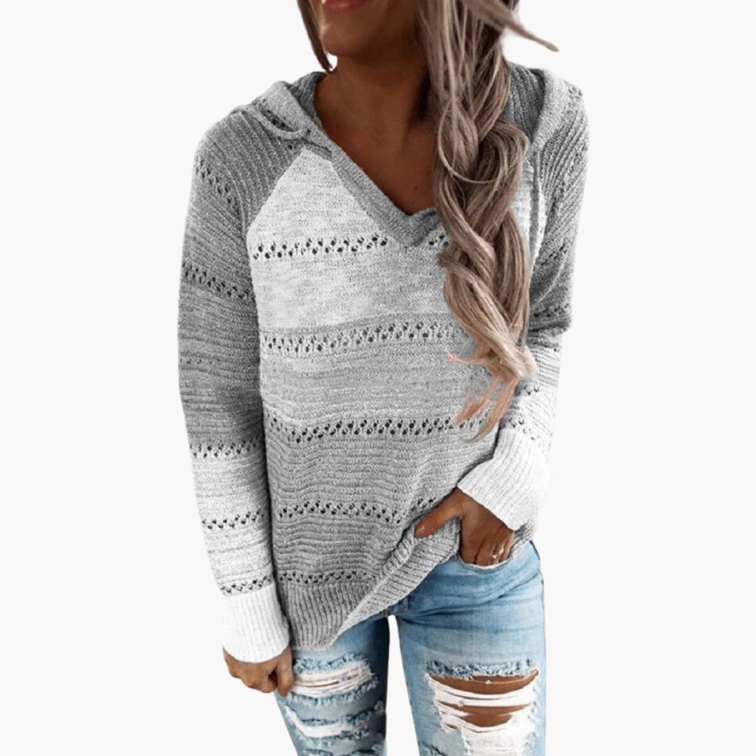 Damen Kapuzen pullover mit V-Ausschnitt und gestreifter Oberfläche