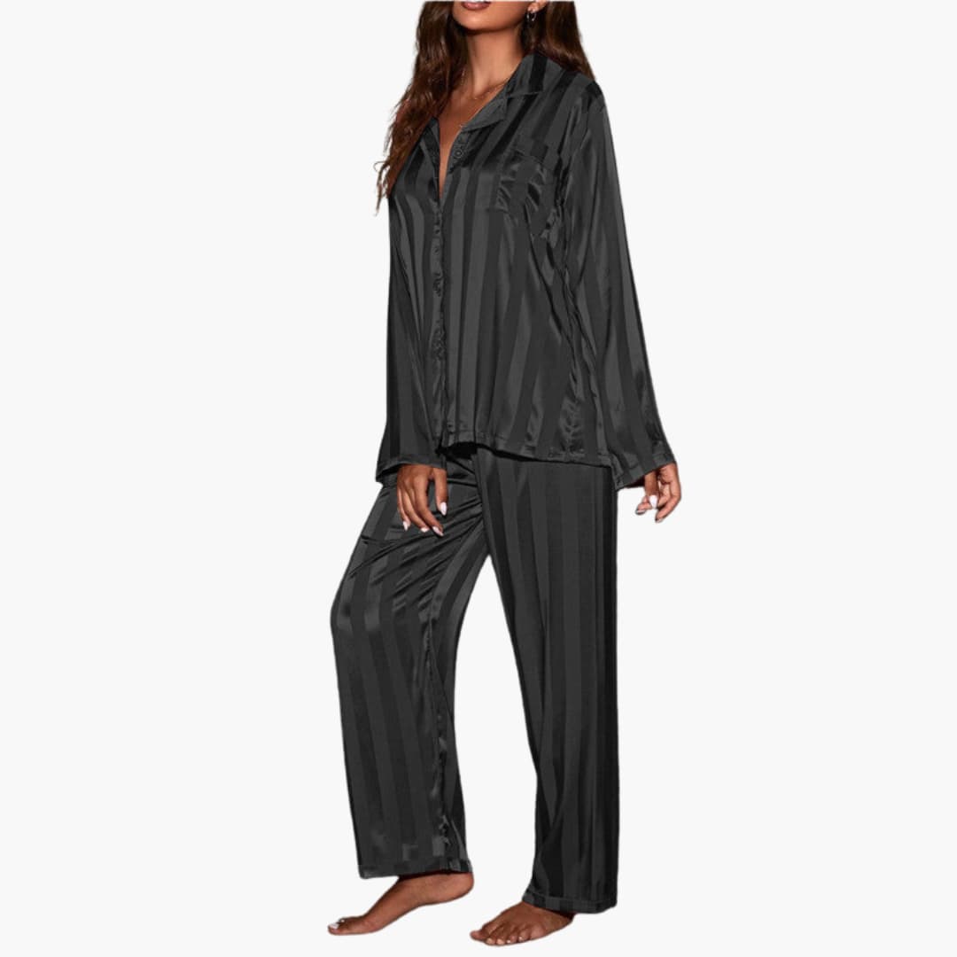 Damen Satin Pyjama Set mit Knopfoberteil und Streifendesign