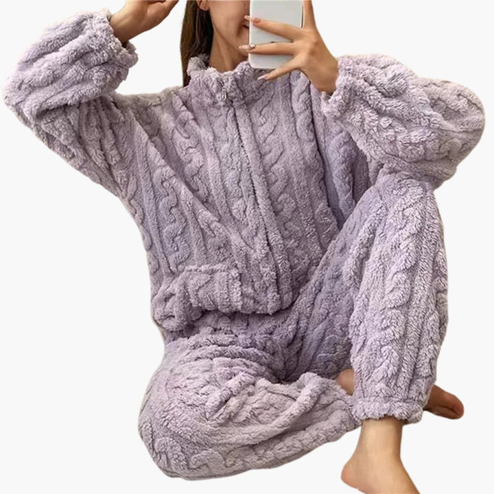 Damen Fleece Pyjamaset mit Reißverschluss Top und langer Hose