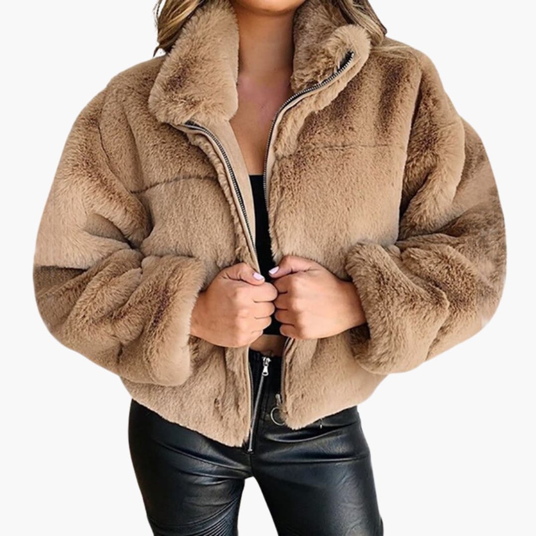 Damen Kunstpelzjacke mit Reißverschluss und Stehkragen