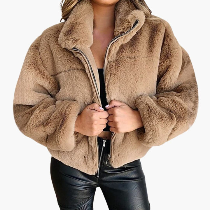 Damen Kunstpelzjacke mit Reißverschluss und Stehkragen