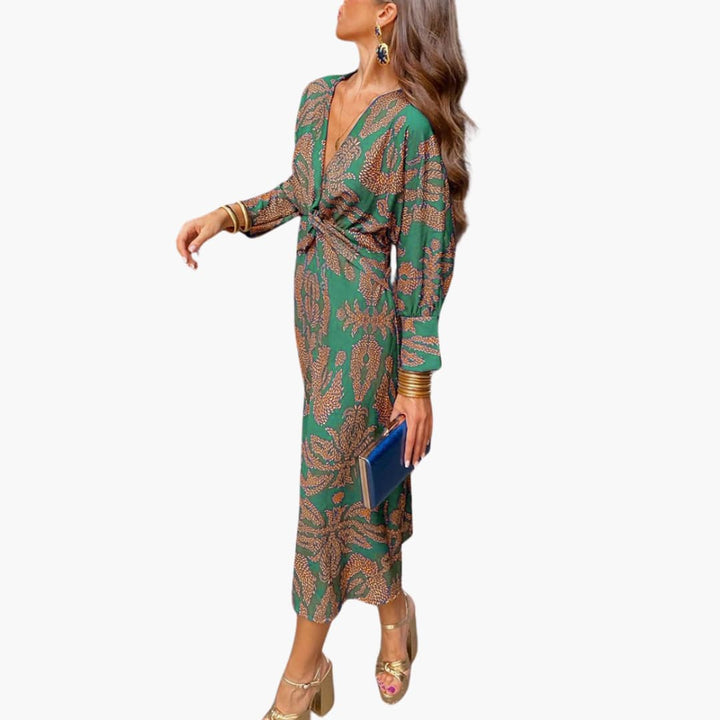 Midikleid für Damen - Blumenmuster, Langarm & V-Ausschnitt