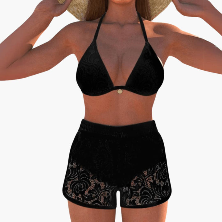 Damen-Bikini-Set mit Neckholder-Oberteil und Spitzenbesatz.