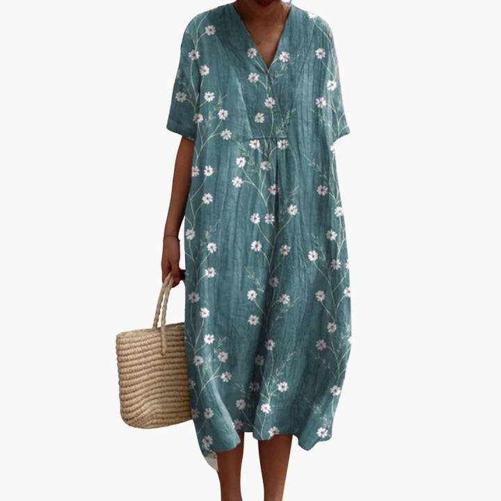 Damen Sommerkleid mit Blumenmuster, kurzen Ärmeln und V-Ausschnitt