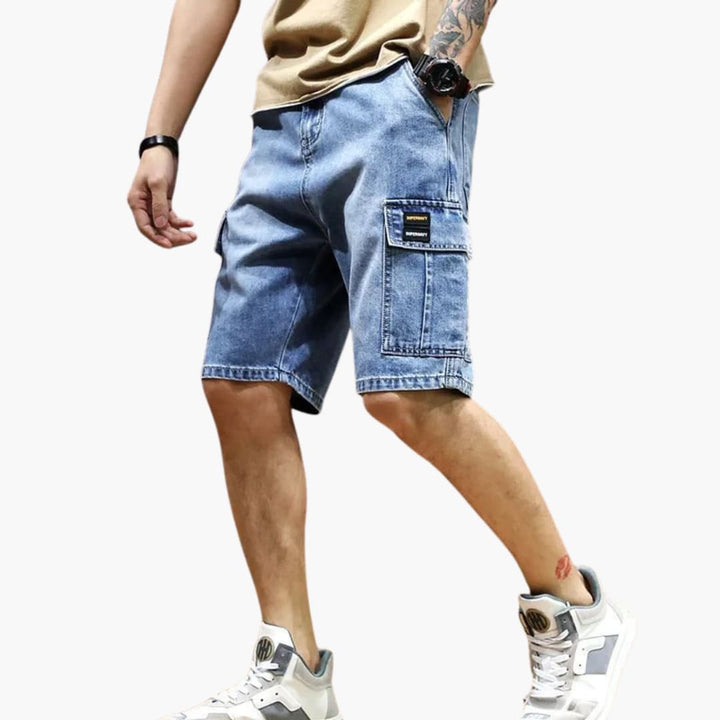 Men’s denim cargo shorts with pockets and vintage wash