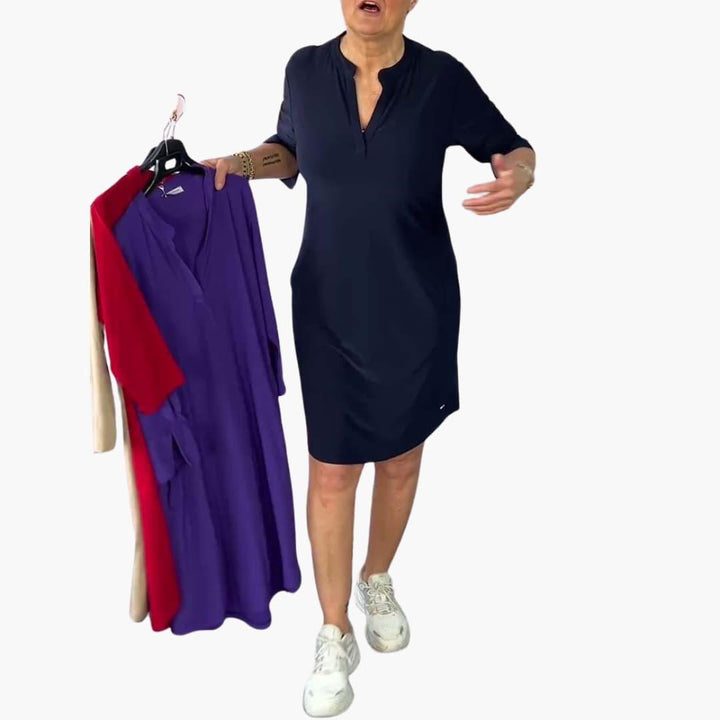 Elegantes einfarbiges Mini-Kleid mit V-Ausschnitt für Damen - SchmiedeMode