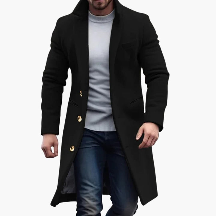Herren Langmantel mit fallendem Revers und Knopfverschluss