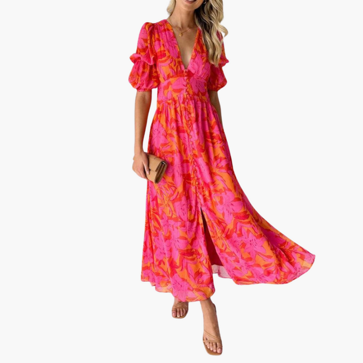 Elegantes Maxikleid für Damen - V-Ausschnitt & Puffärmeln