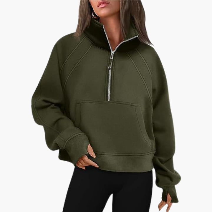 Frauen Zip-Front Pullover mit hohem Kragen und Kängurutasche