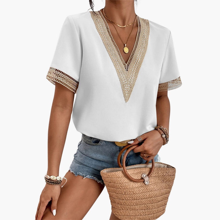 Spitzenbluse Damen – Sommerliche V-Ausschnitt Bluse mit Spitze