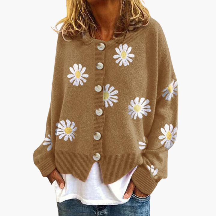 Damen Strickjacke mit Knopfverschluss und Blumenmuster
