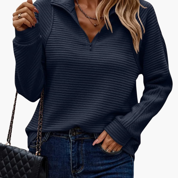 Damen Pullover mit halbem Reißverschluss und Streifenmuster