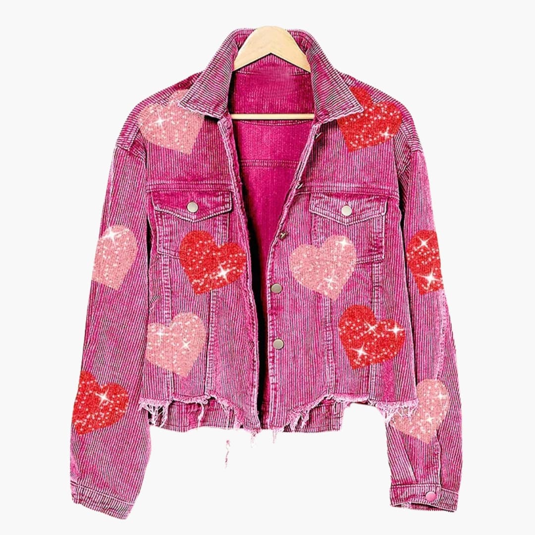 Damen Cordjacke mit Pailletten Herz Detail