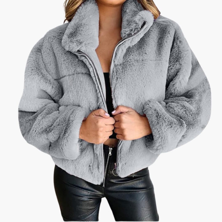 Damen Kunstpelzjacke mit Reißverschluss und Stehkragen