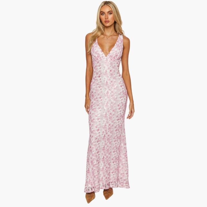 Spitzen-Maxikleid - Damen Stil mit V-Ausschnitt und Eleganz