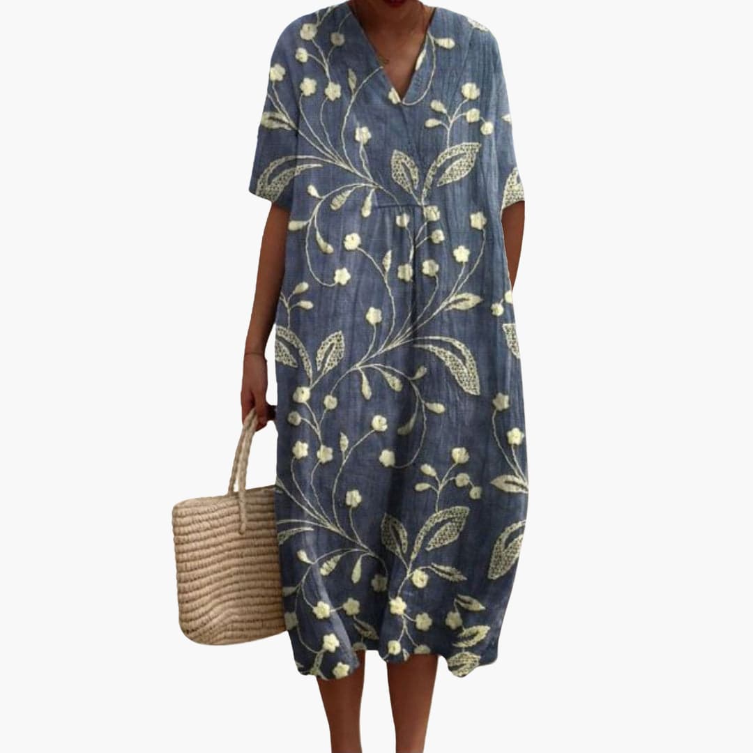 Damen Sommerkleid mit Blumenmuster, kurzen Ärmeln und V-Ausschnitt