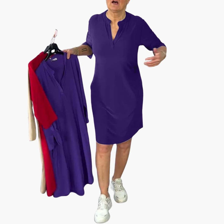 Elegantes einfarbiges Mini-Kleid mit V-Ausschnitt für Damen - SchmiedeMode
