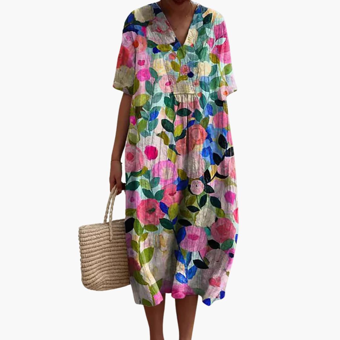 Damen Sommerkleid mit Blumenmuster, kurzen Ärmeln und V-Ausschnitt