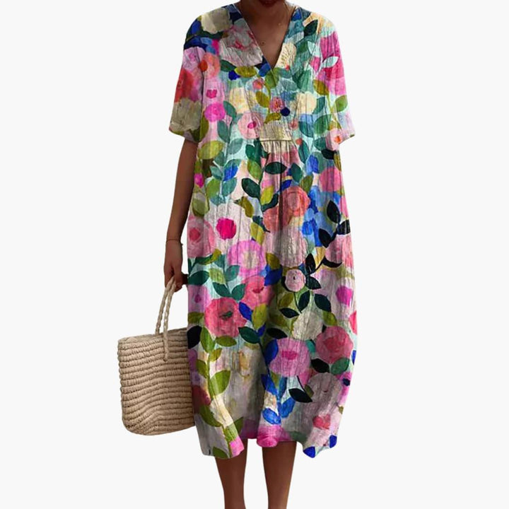 Damen Sommerkleid mit Blumenmuster, kurzen Ärmeln und V-Ausschnitt
