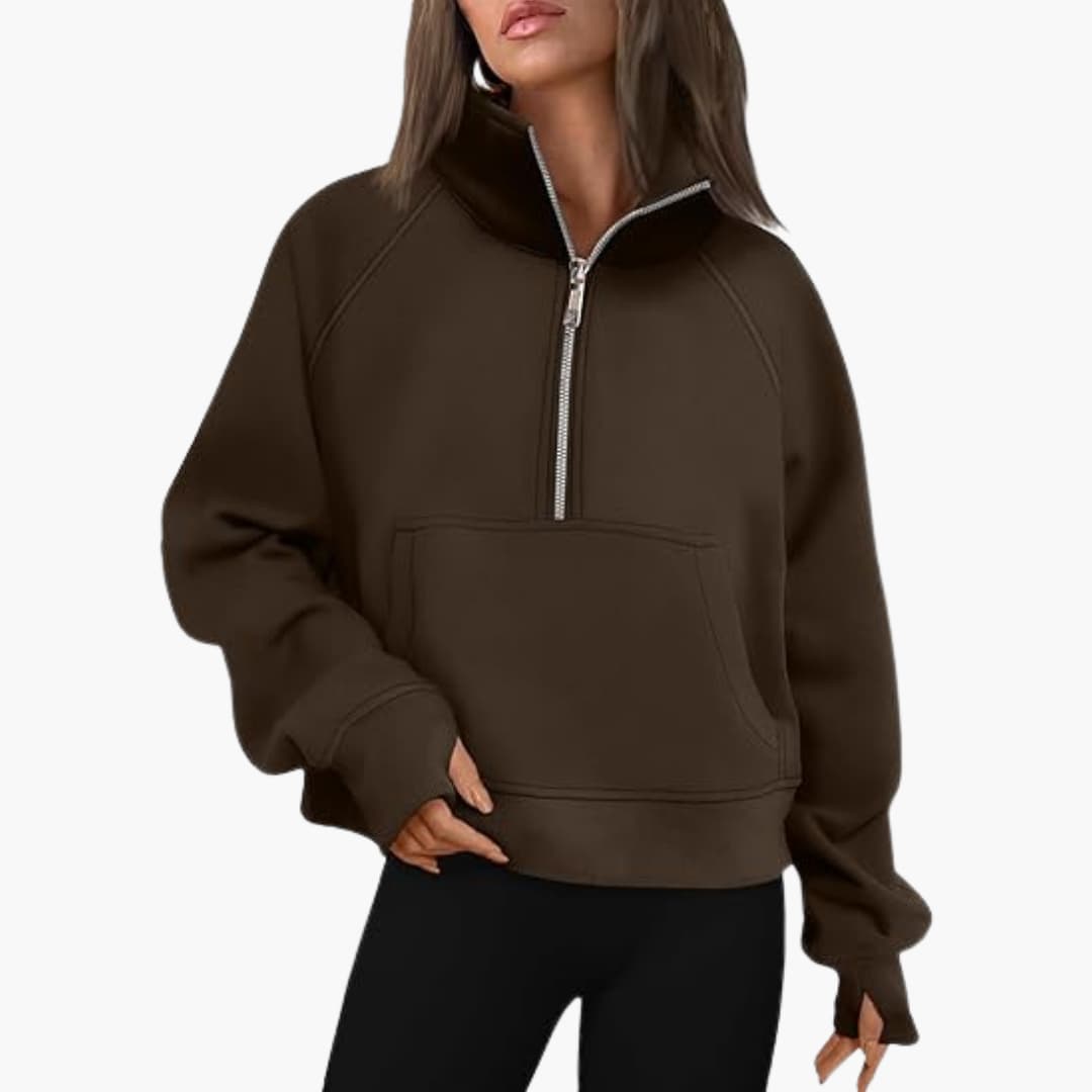 Damen Sweatshirt mit Reißverschluss am Ausschnitt und Kängurutasche