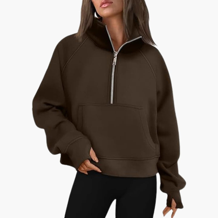 Damen Sweatshirt mit Reißverschluss am Ausschnitt und Kängurutasche