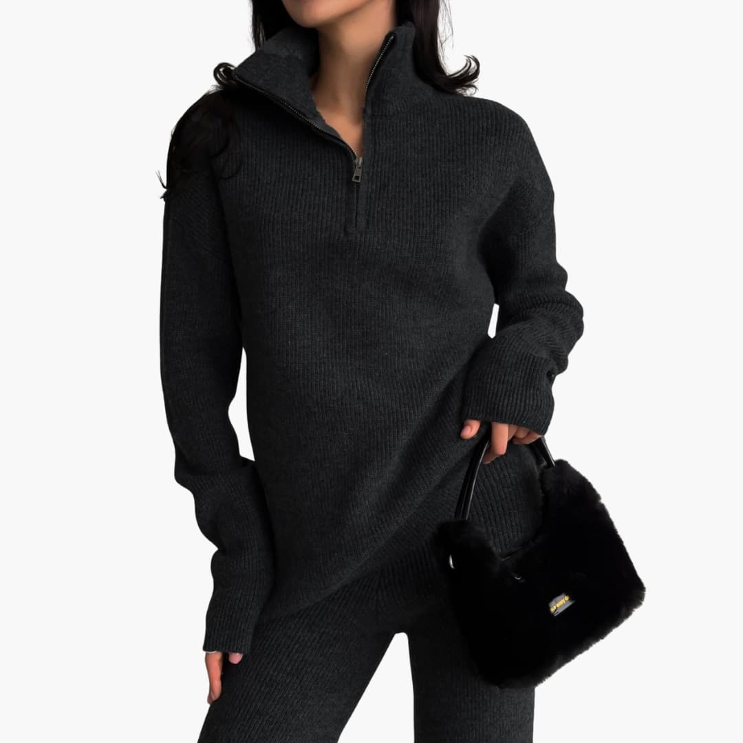 Damen Rippstrick Pullover mit kurzem Reißverschlusskragen