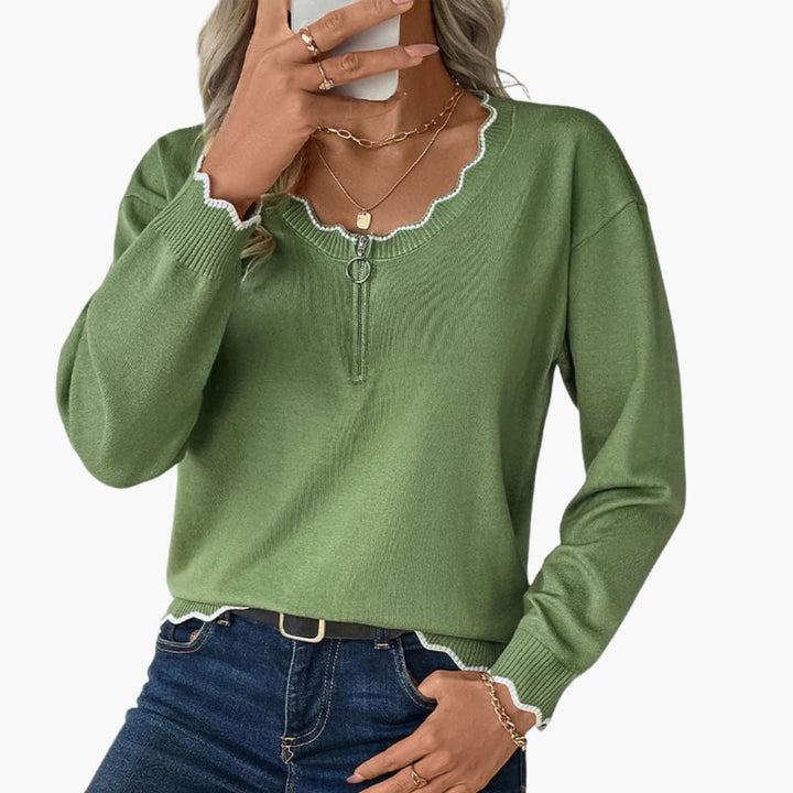 Damenpullover mit dekorativem Reißverschluss und Rüschendetails