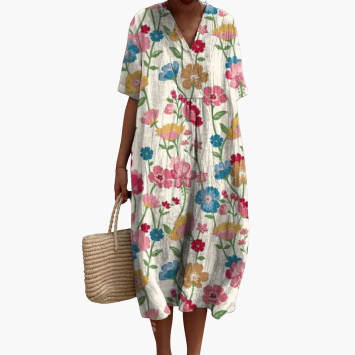 Damen Sommerkleid mit Blumenmuster, kurzen Ärmeln und V-Ausschnitt