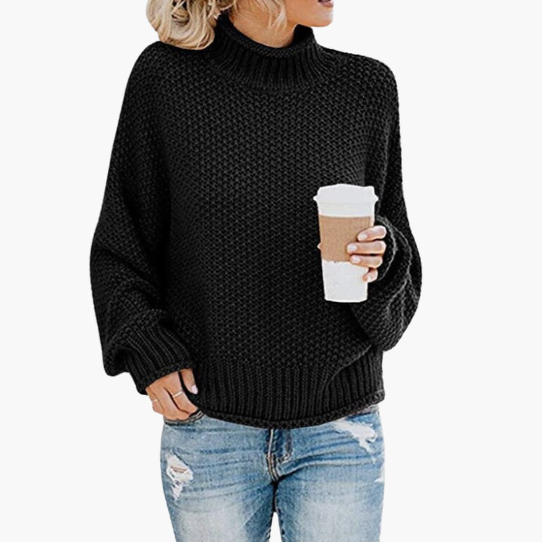 Damen pullover mit hohem Halsausschnitt und geripptem Saum