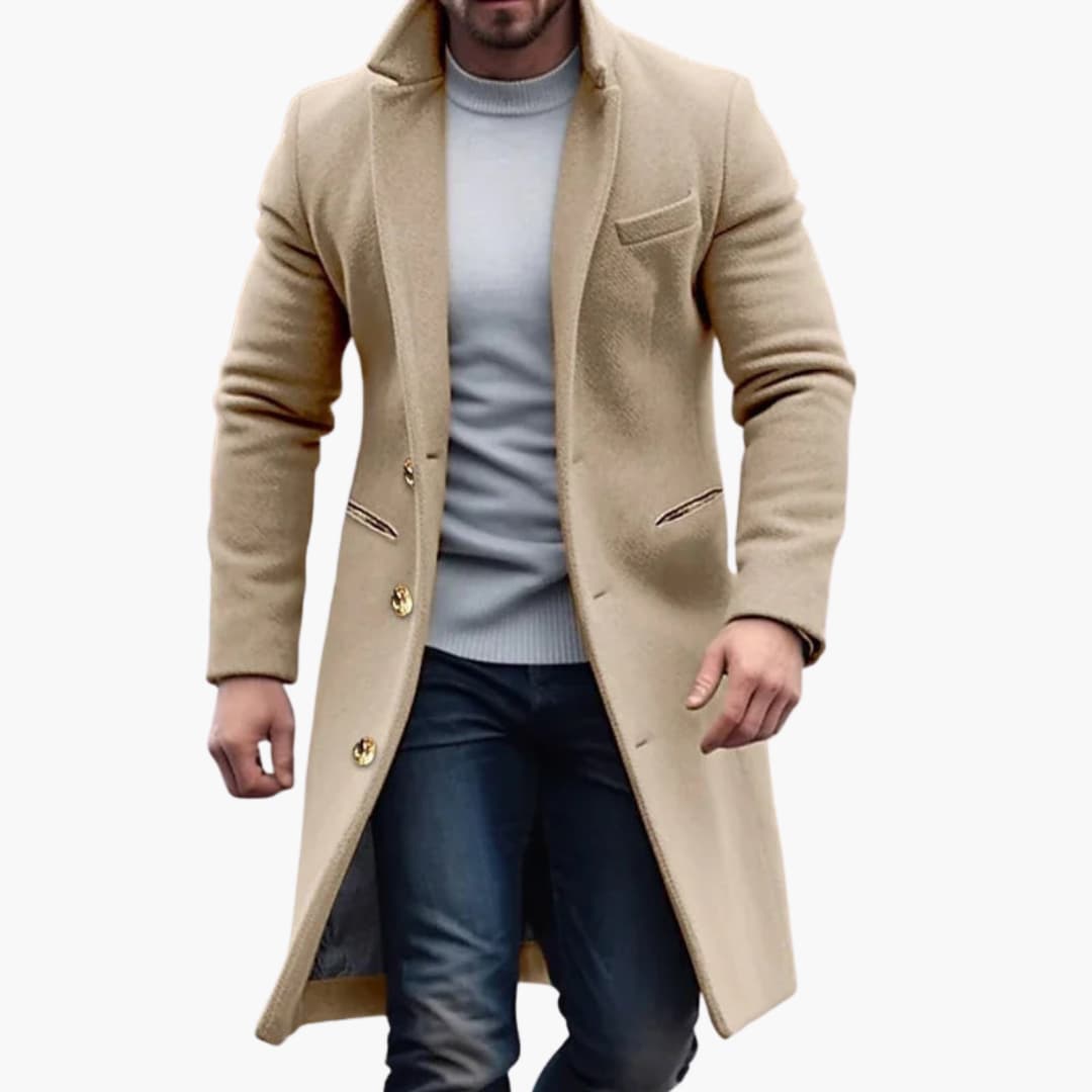 Herren Langmantel mit fallendem Revers und Knopfverschluss