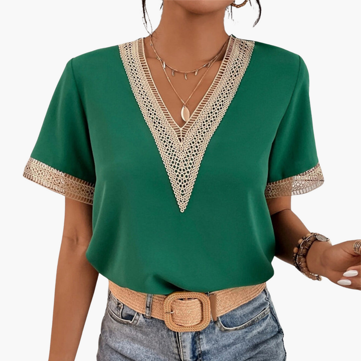 Spitzenbluse Damen – Sommerliche V-Ausschnitt Bluse mit Spitze