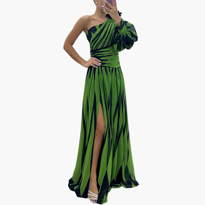 Gestreiftes One-Shoulder - Damen Maxikleid mit Schlitz elegant