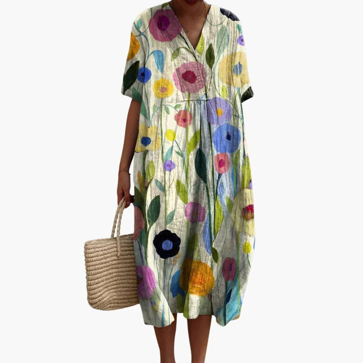 Damen Sommerkleid mit Blumenmuster, kurzen Ärmeln und V-Ausschnitt