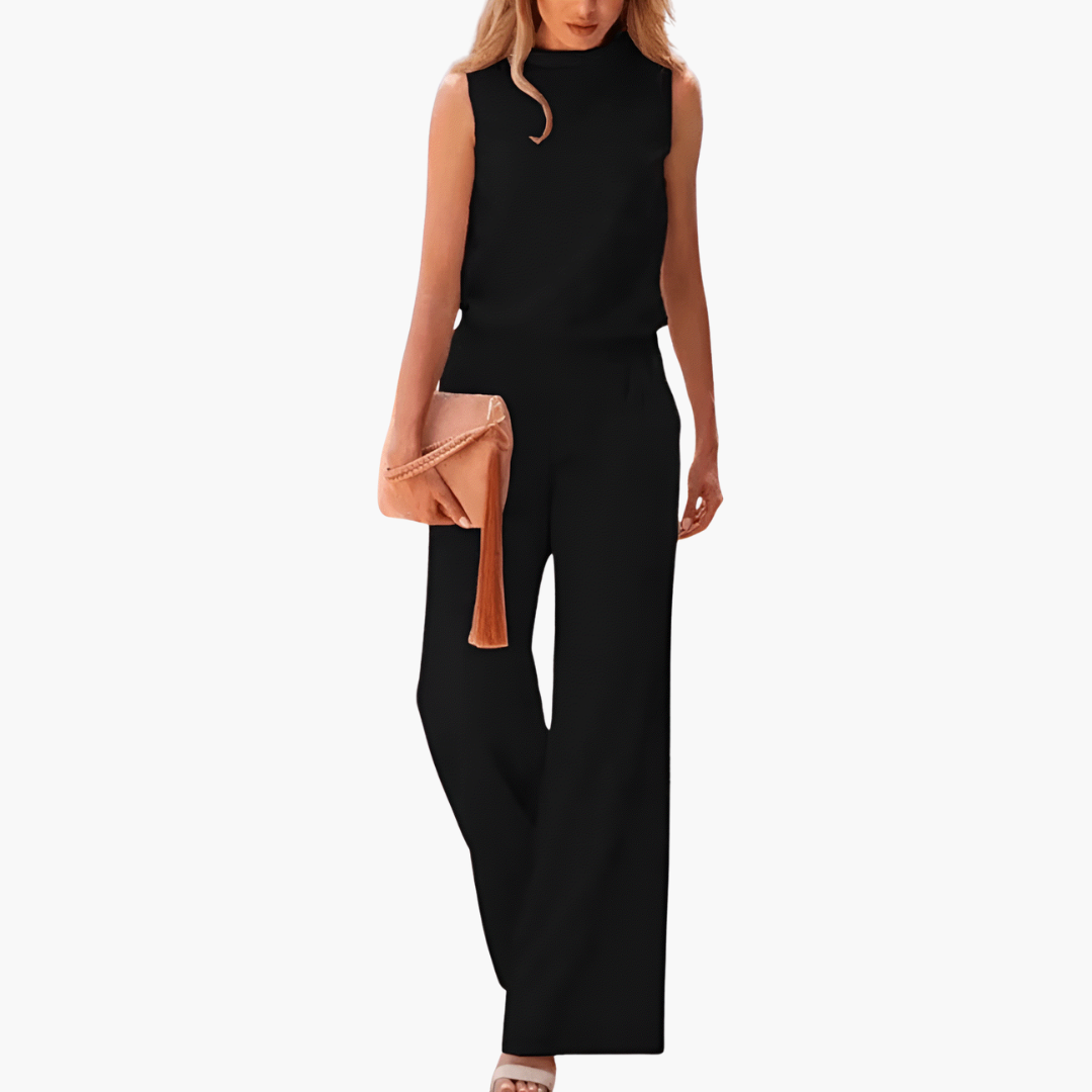 Ärmelloser Damen Jumpsuit mit hohem Kragen und weitem Bein
