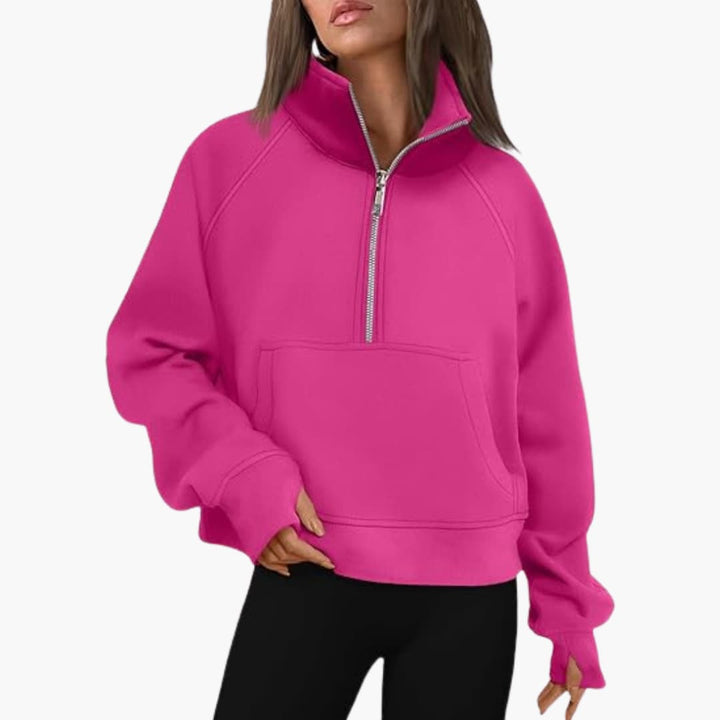 Damen Sweatshirt mit Reißverschluss am Ausschnitt und Kängurutasche
