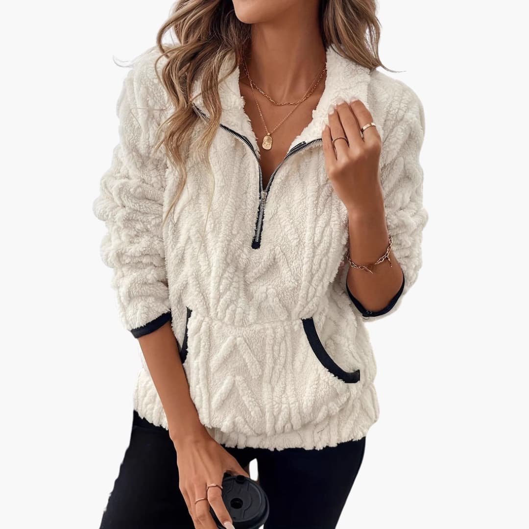 Damen Fleece Pullover mit Reißverschluss und Seitentaschen