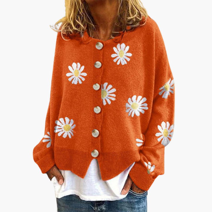 Damen Strickjacke mit Knopfverschluss und Blumenmuster