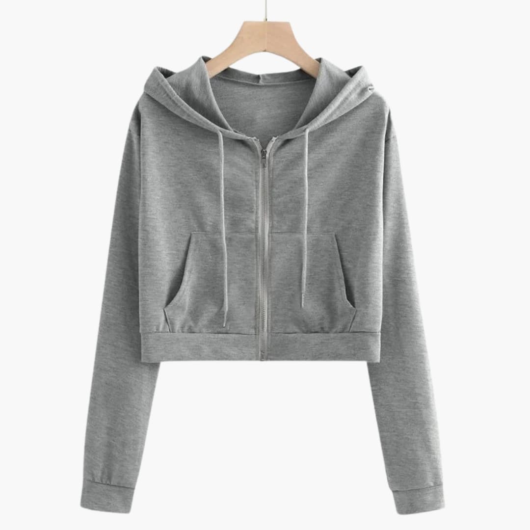 Damen Cropped Kapuzenjacke mit Reißverschluss und Kordelzug