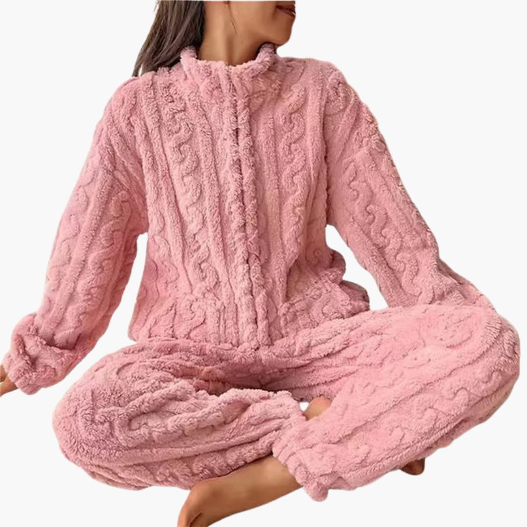 Damen Fleece Pyjamaset mit Reißverschluss Top und langer Hose