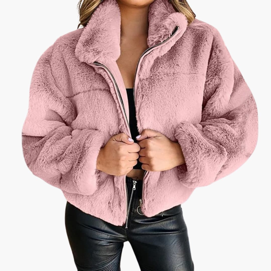 Damen Kunstpelzjacke mit Reißverschluss und Stehkragen