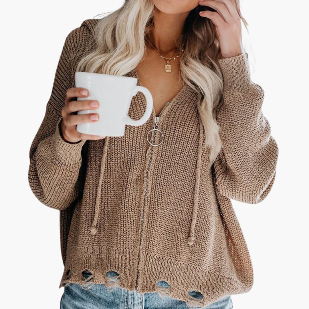 Damen Pullover mit V Ausschnitt und Reißverschluss