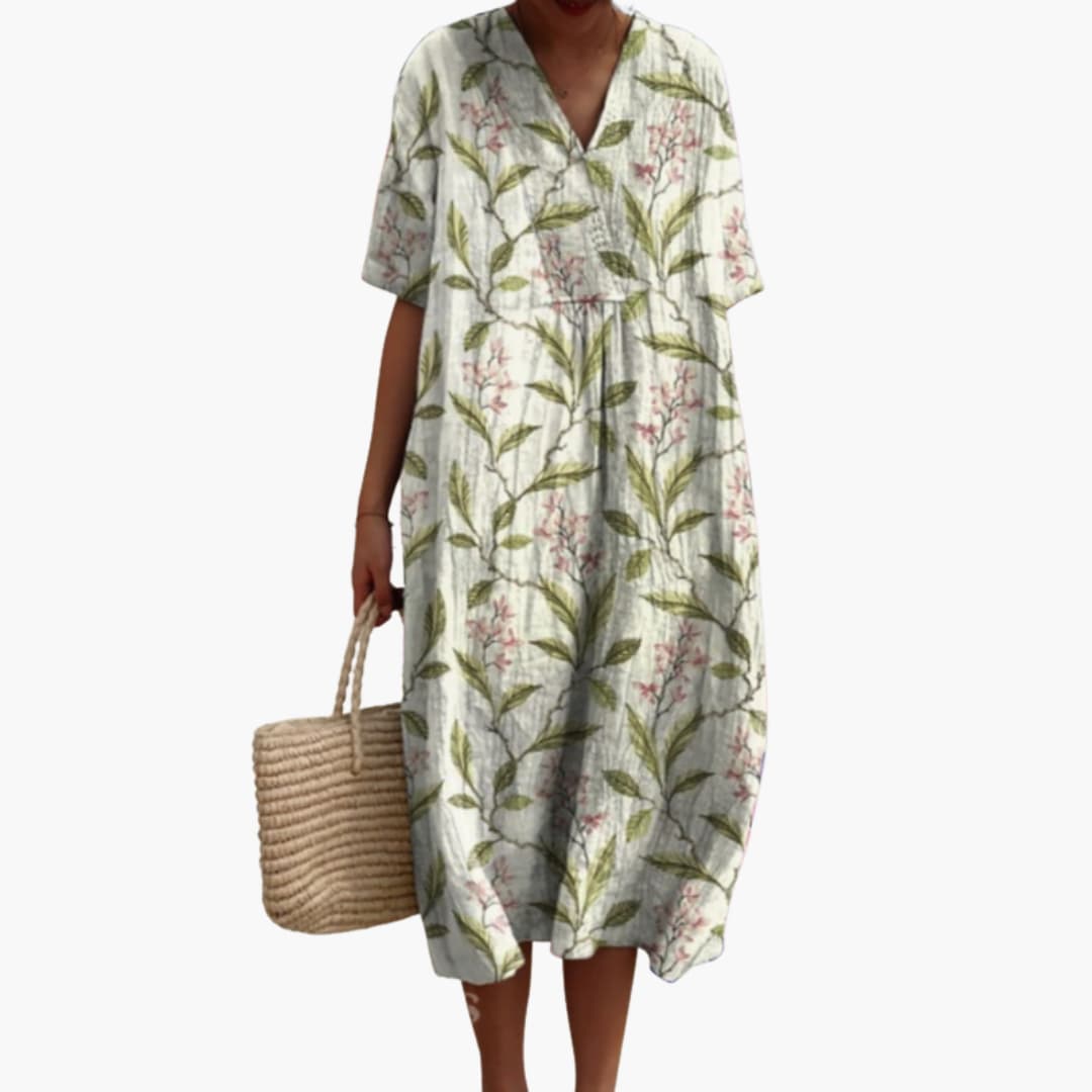 Damen Sommerkleid mit Blumenmuster, kurzen Ärmeln und V-Ausschnitt