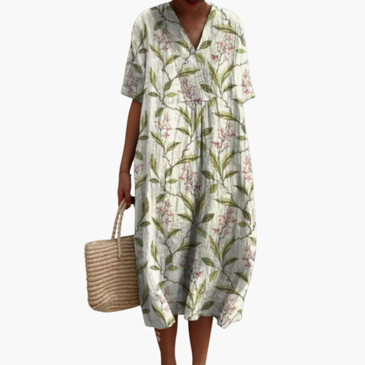 Damen Sommerkleid mit Blumenmuster, kurzen Ärmeln und V-Ausschnitt