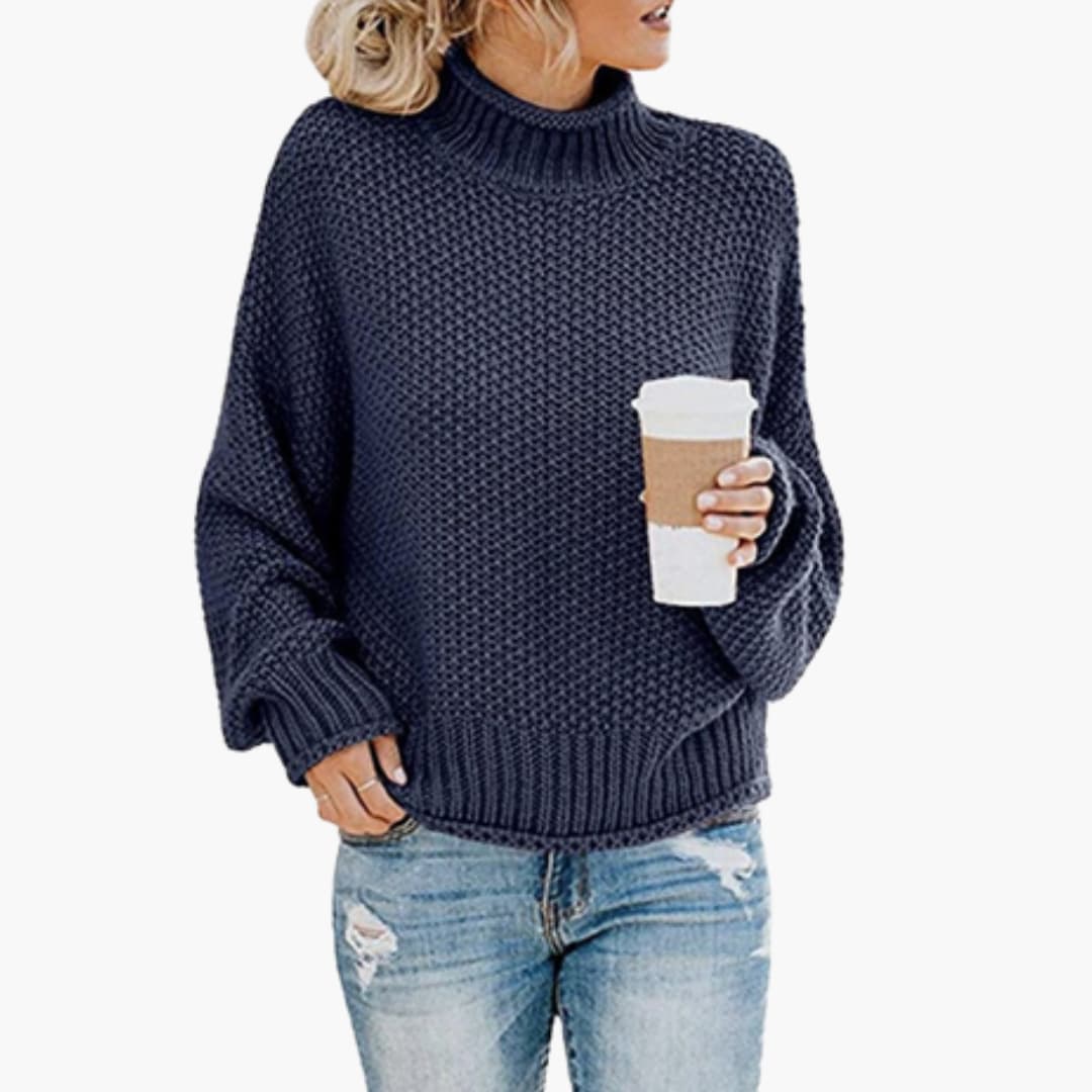 Damen pullover mit hohem Halsausschnitt und geripptem Saum